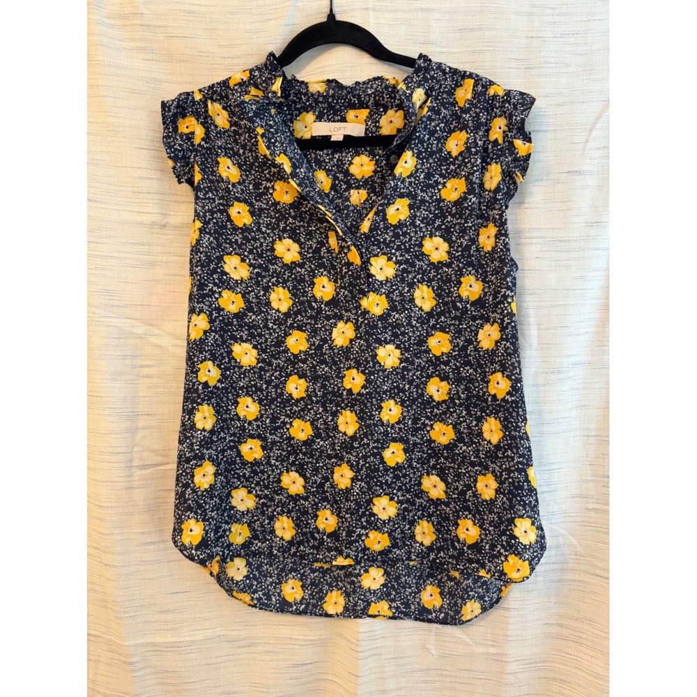 LOFT Navy Blue Yellow Floral Ruffle Neck Sleeveless Blouse Medium